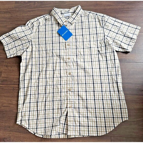 Columbia Men's Rapid Rivers Plaid Short Sleeves Button Down Cotton Shirt Beige L - Picture 6 of 8